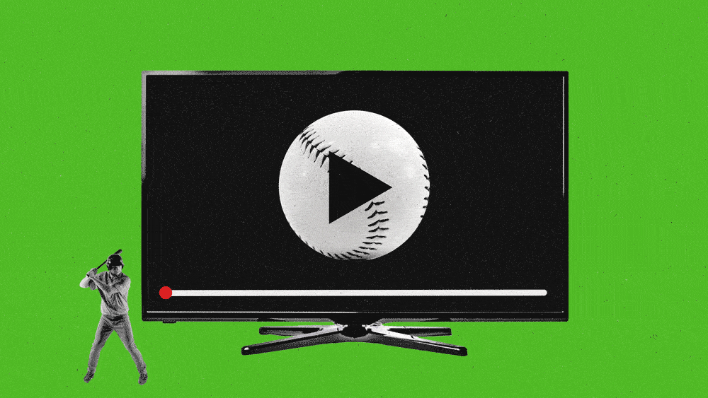 TV with a black screen and baseball with a play button overlayed over a green background. A baseball player stands near the screen about to swing a baseball bat.
