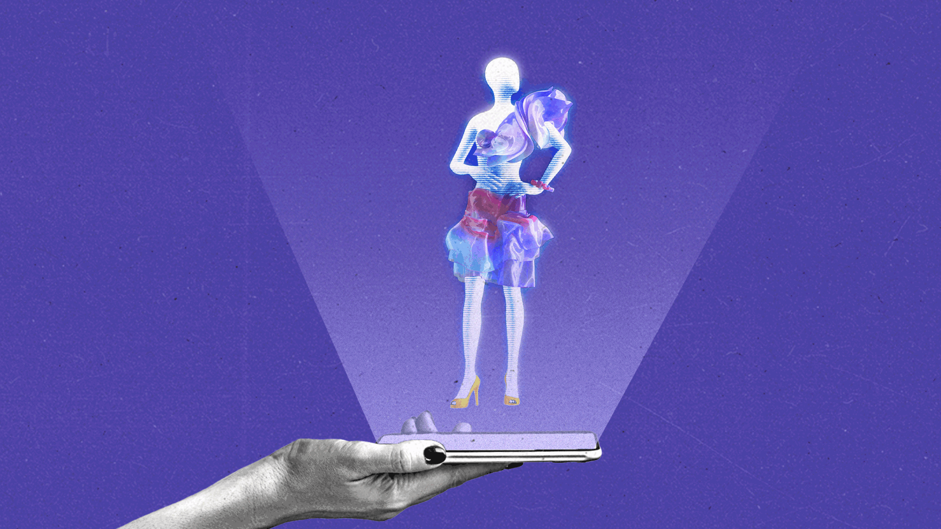 A digital hologram of a model wearing a dress is projected from a mobile device held by a woman's hand.