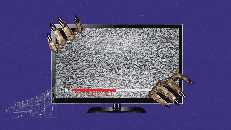 A flatscreen TV covered in spider-webs displays spooky scenes amidst static. The streaming UI is bloody, and two monstrous hands are emerging from the screen.