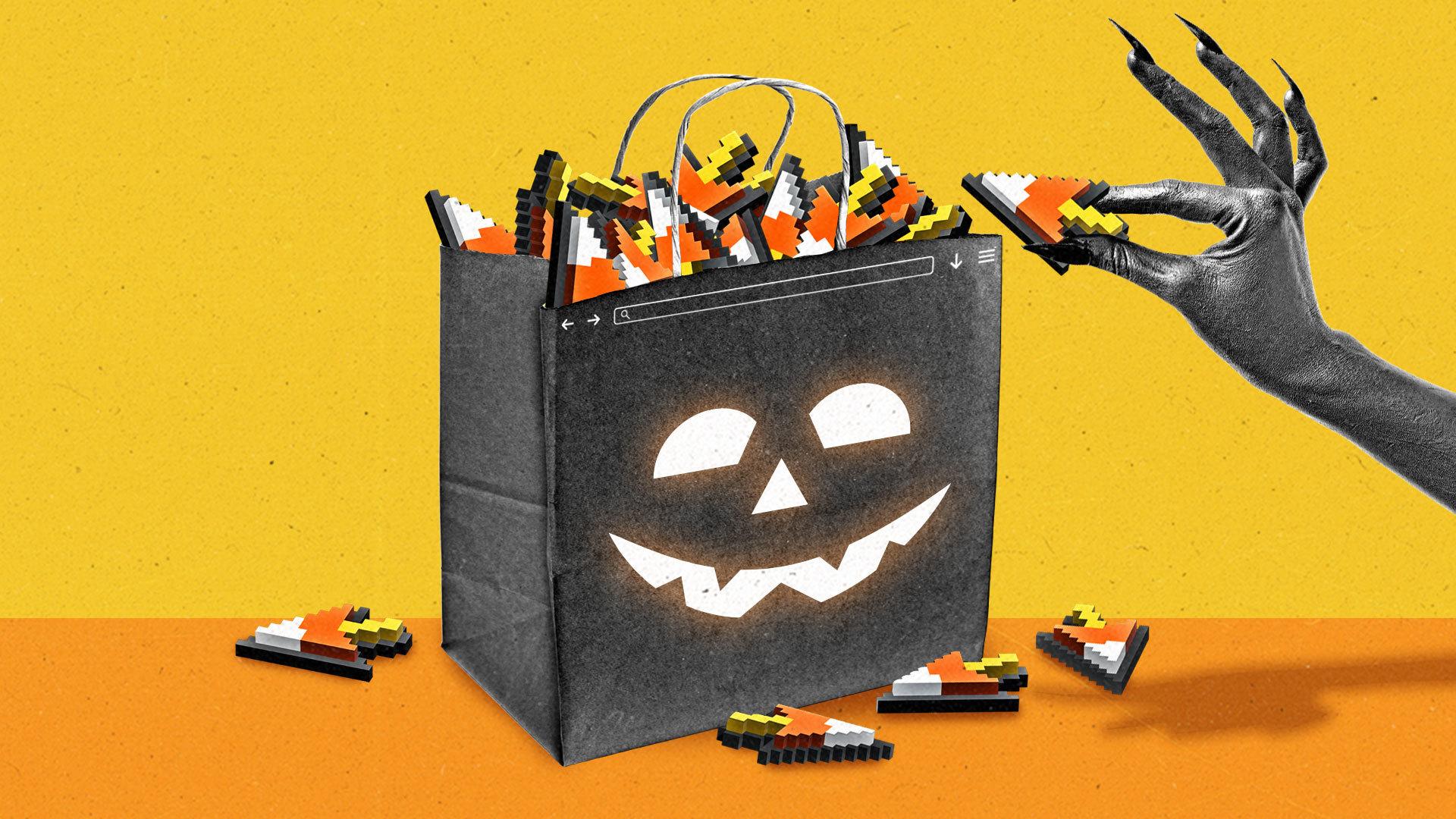 A spooky hand places a candy corn colored cursor arrow into a bag filled with them. The bag has browser UI on the top and a glowing jack-o-lantern face.