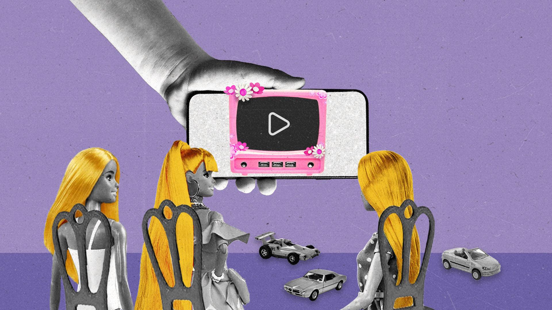 Three Barbie dolls watch a Barbie streaming TV within a smartphone being held from above as toy cars litter the floor.