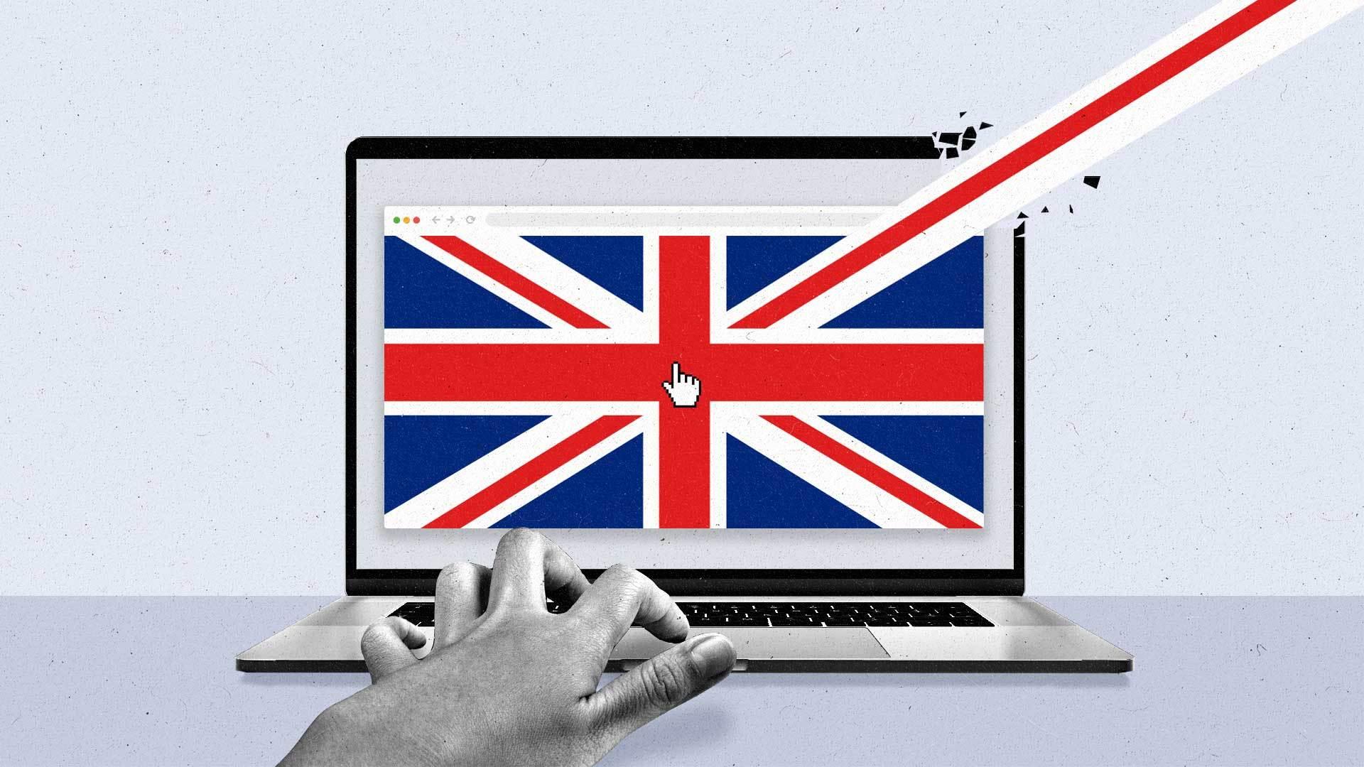 Using the touchpad on a laptop, a hand clicks a UK flag in a modal window, causing one of the diagonal bars to shoot upward like a line graph.