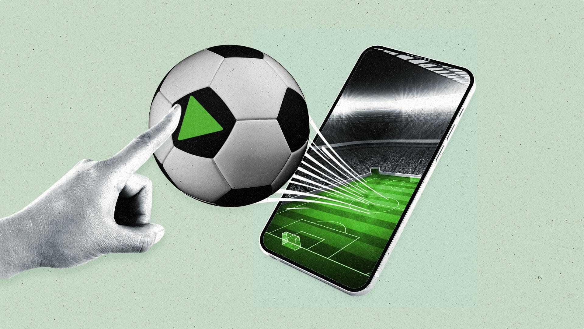 A hand touches a play button on a soccer ball coming out of a smartphone screen.