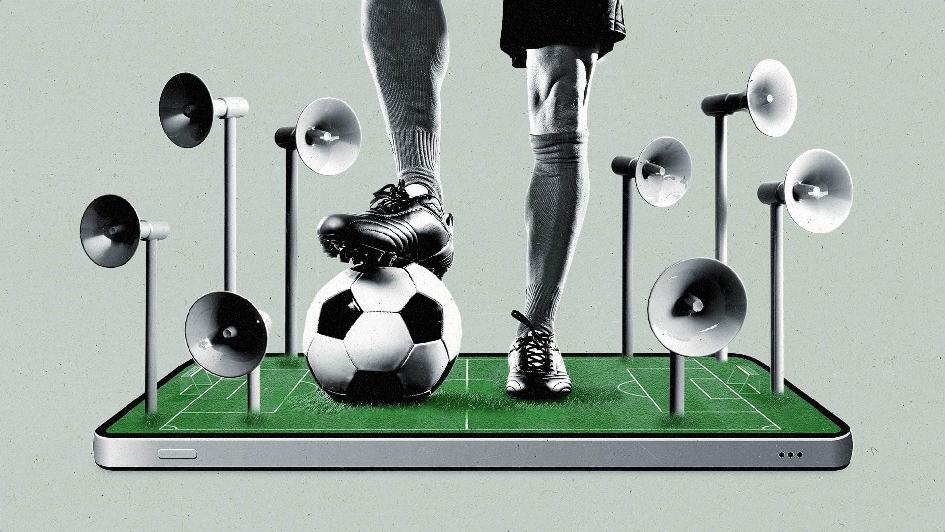 A female soccer player's foot sits on a soccer ball as she stands on a smartphone with multiple megaphones emerging from it.