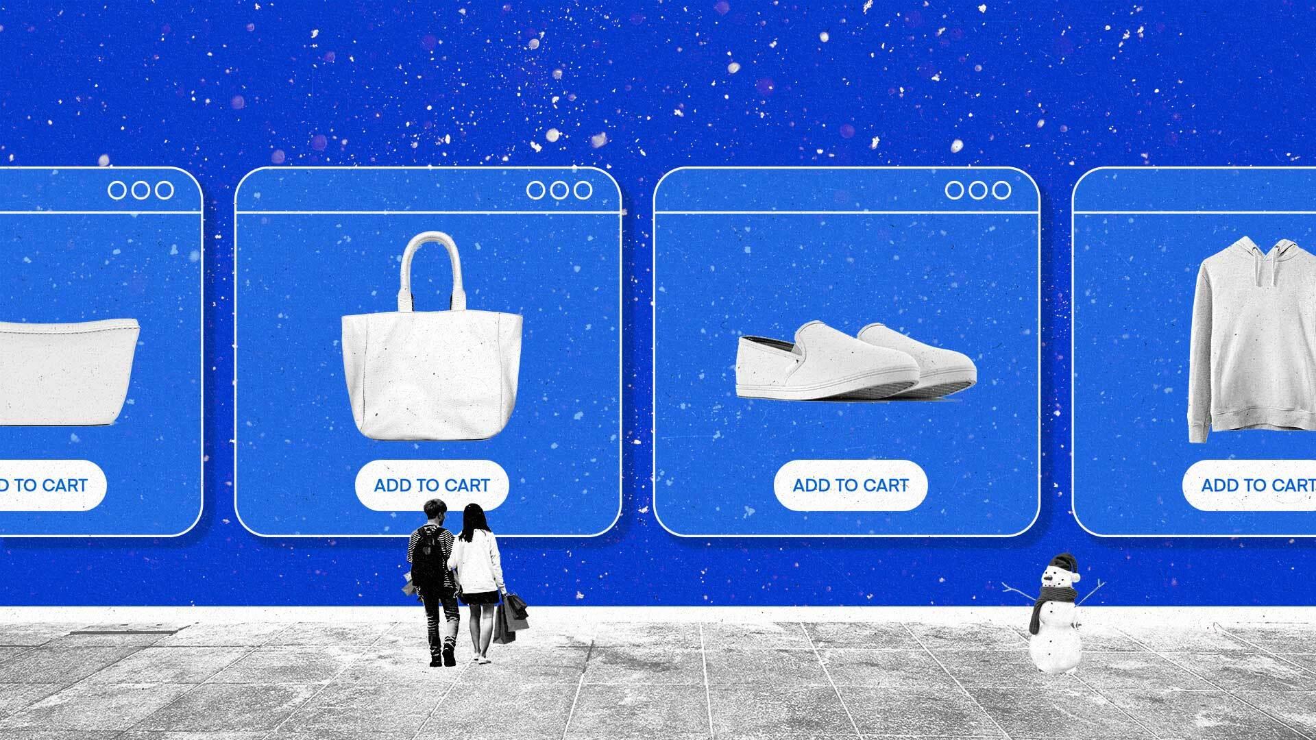 Two shoppers view modal windows showing products and 'Add to cart' buttons in a snowy setting.