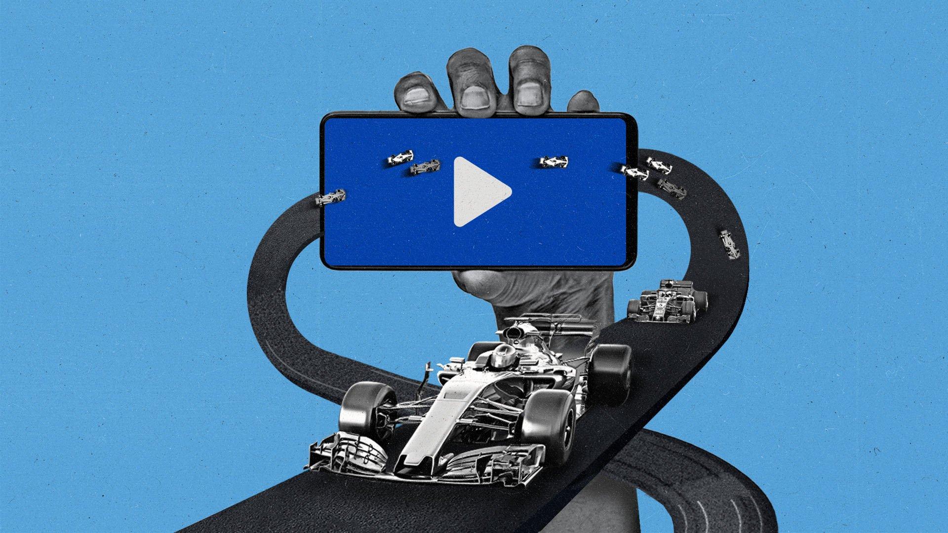 A hand horizontally gripping a smartphone with a play button on it, and racecars on an 8-shaped track entering left and exiting right