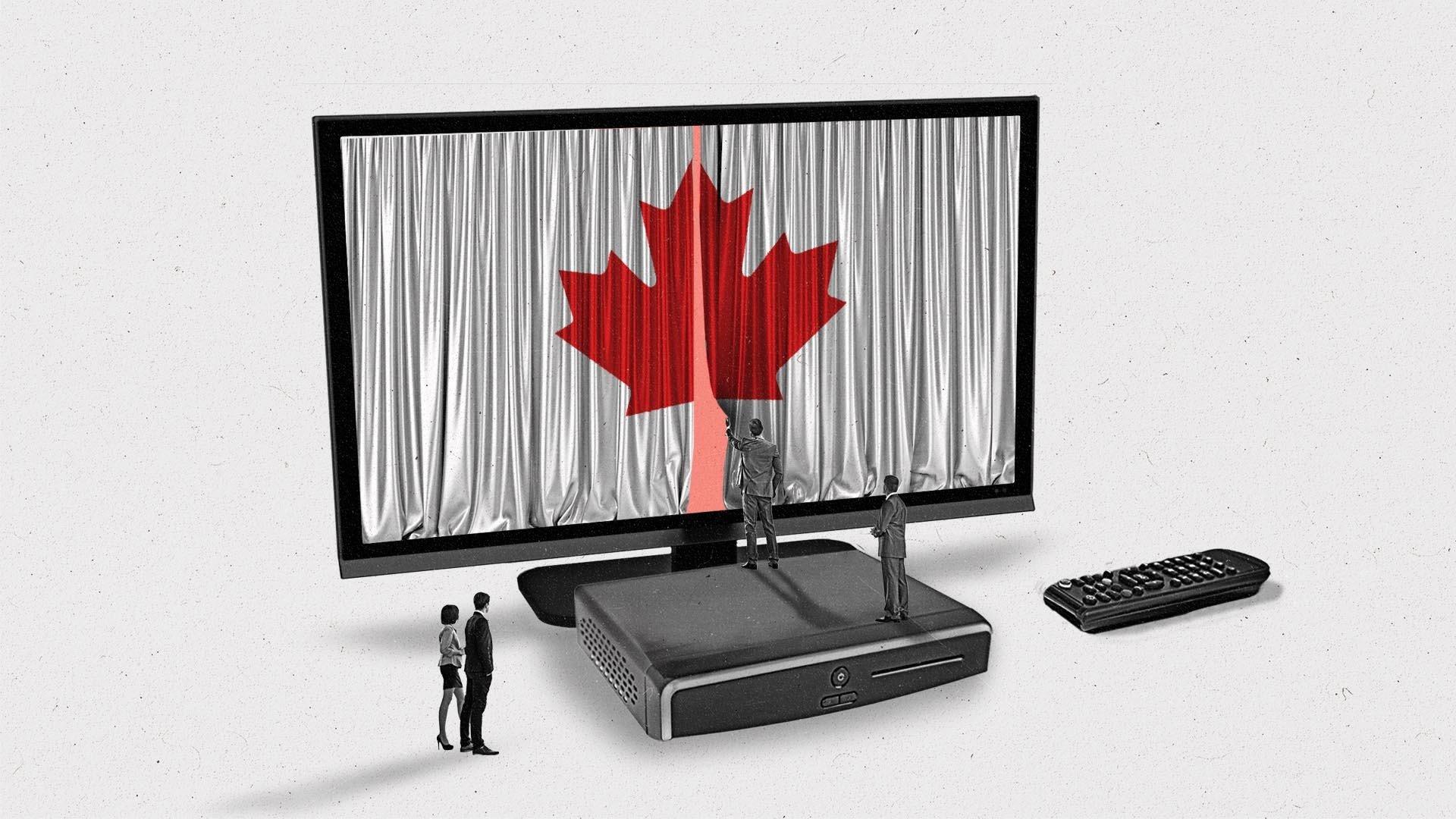 A group of businesspeople approach an oversized connected TV and pull back the red maple leaf curtain on the screen.