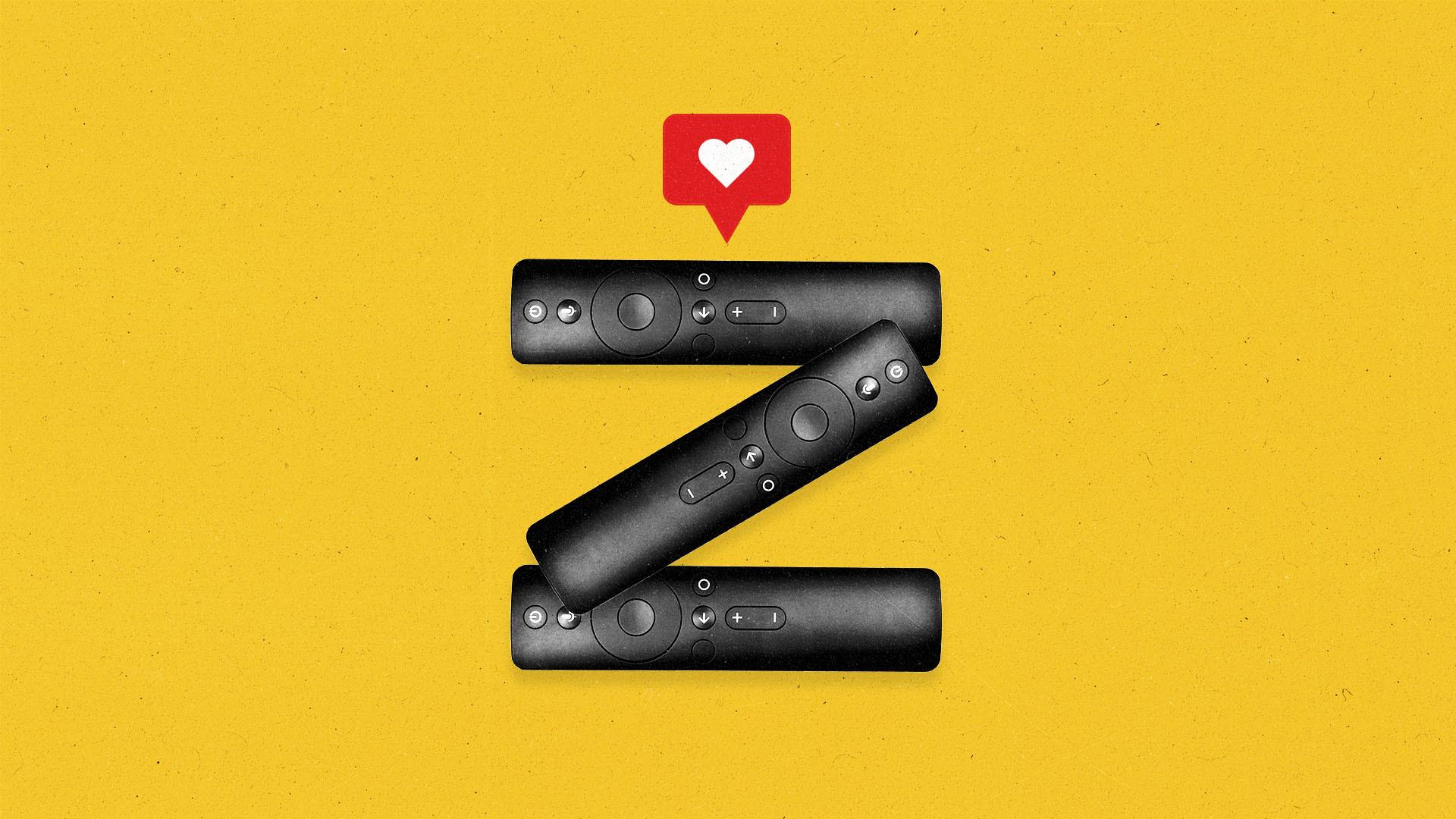 Three connected TV remotes form the shape of a Z, with a "like" emoji coming from above.