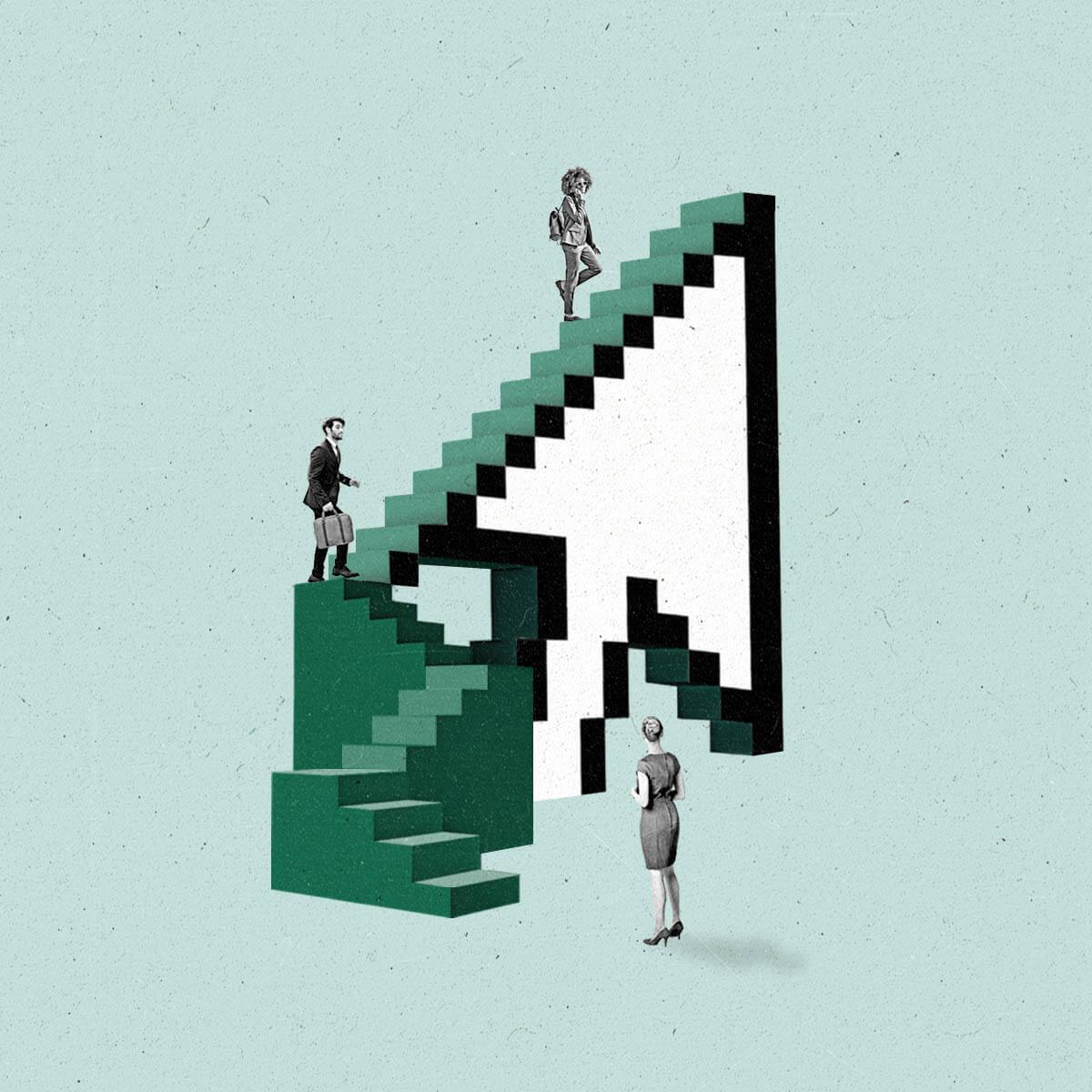 People climb a set of stairs leading to a cursor.