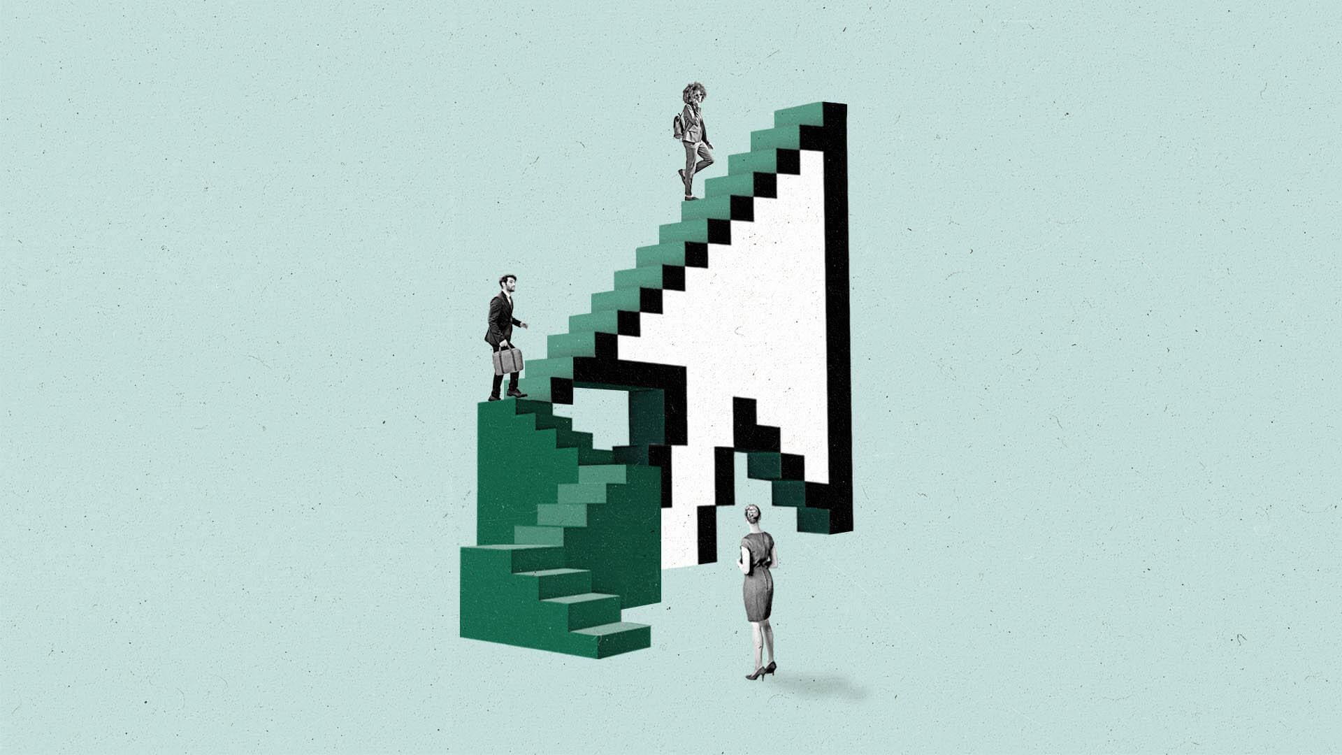 A group of businesspeople ascend stairs that merge into the pixel edges of an arrow cursor.