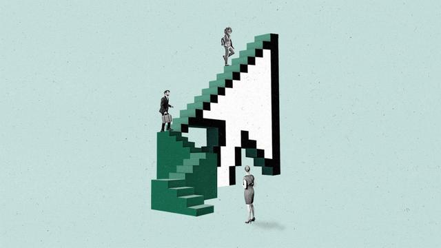 People climb a set of stairs leading to a cursor.
