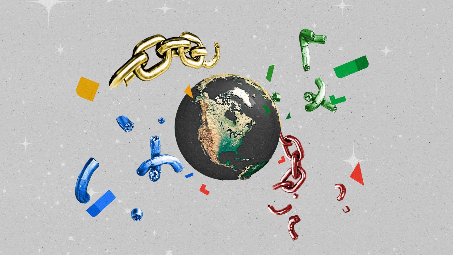 A multicolored chain explodes from a newly freed Earth.