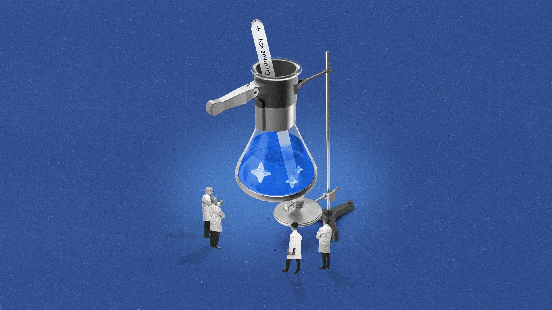 A megaphone resembling a beaker with a glass stirrer resembling a prompt bar on a burner with AI sparkles in it as people in lab coats observe.