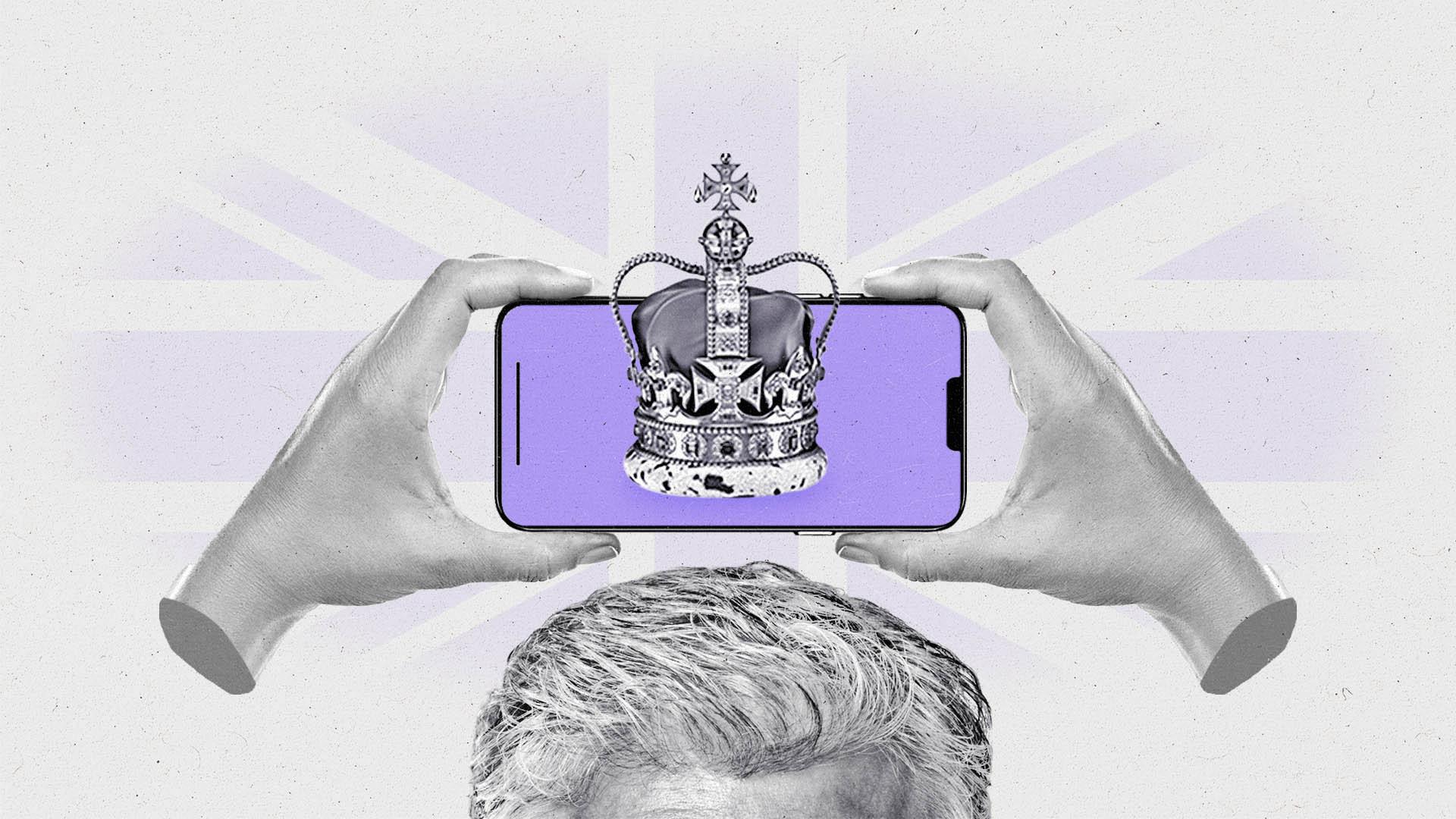 A crown in a smartphone is held above the scalp of a man's head by two hands.