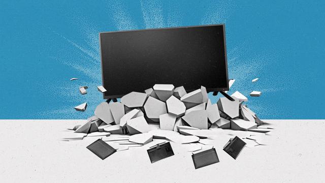 A large television bursts through the floor, knocking over a bunch of small TVs within the rubble.