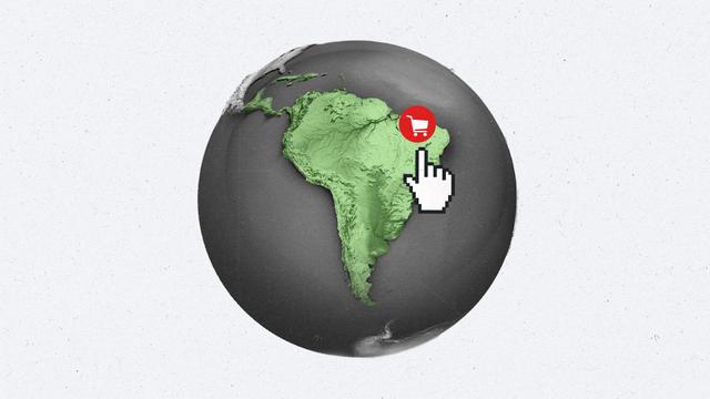 A finger cursor points to a Latin America that is highlighted green on a greyscale globe. A red shopping icon alert is showing on the upper right side of Latin America.