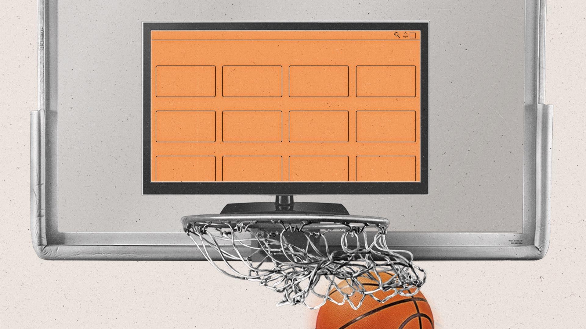 A basketball swishes through a basketball hoop inset with a connected TV.