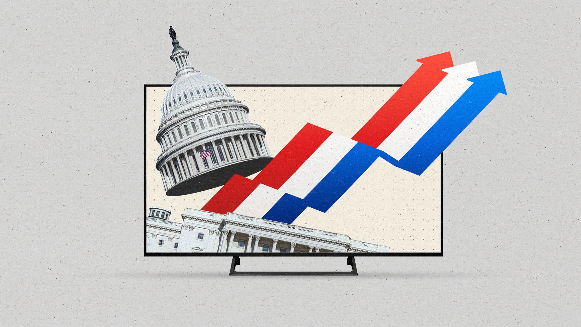 The U.S. Capitol Building opens up within a TV screen and three ribbons with arrowheads, colored red, white and blue, shoot upwards and to the right.