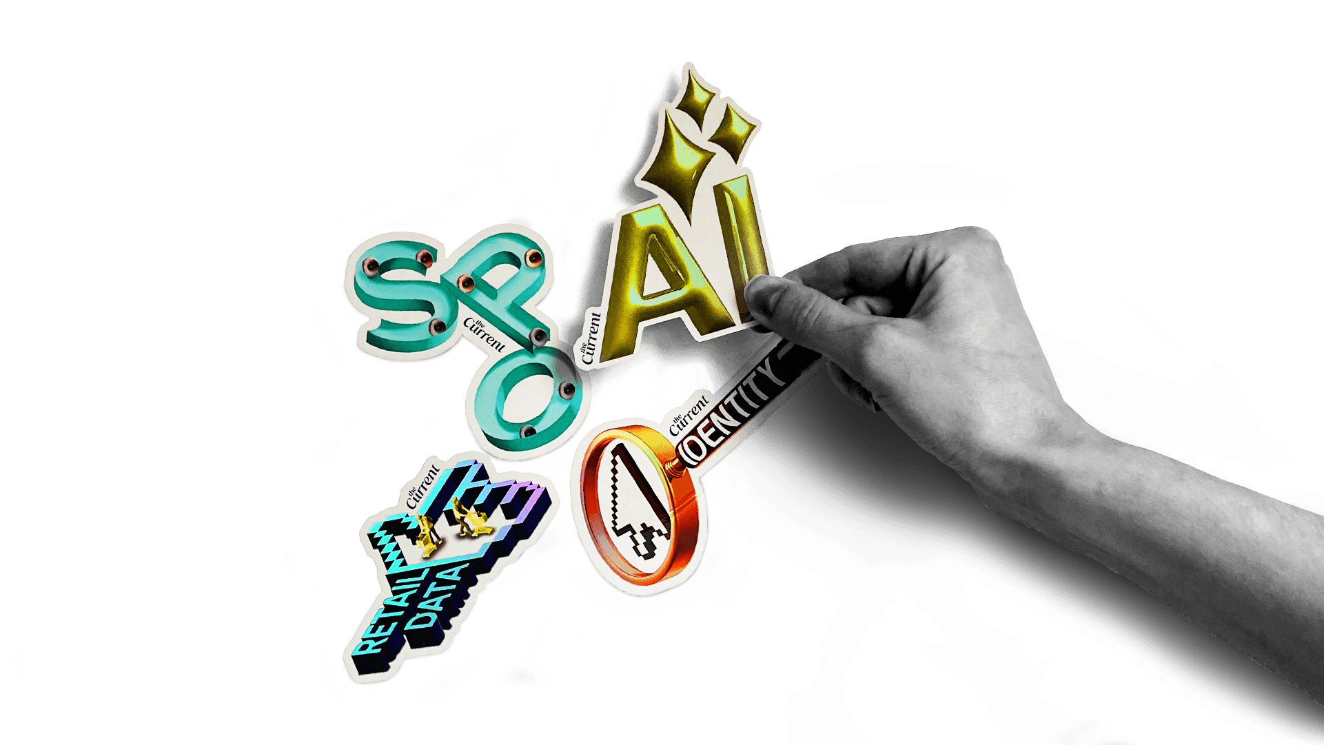 Hand holds a sticker that says "AI" with other stickers surrounding labelled "SPO", "Retail Data", and "Identity".