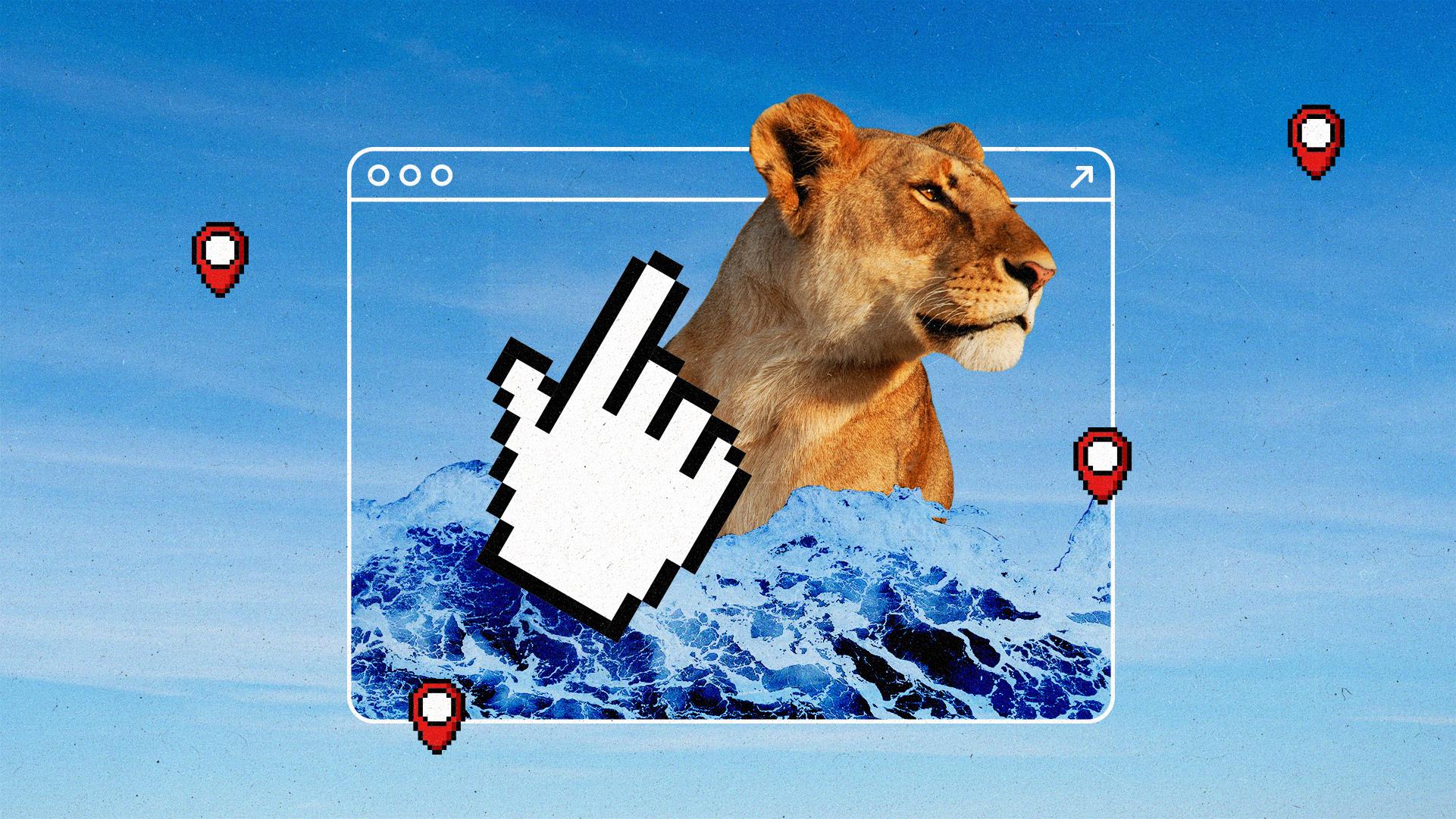 A collage of a lion, browser UI, waves, and pixellated cursors and location pin icons.