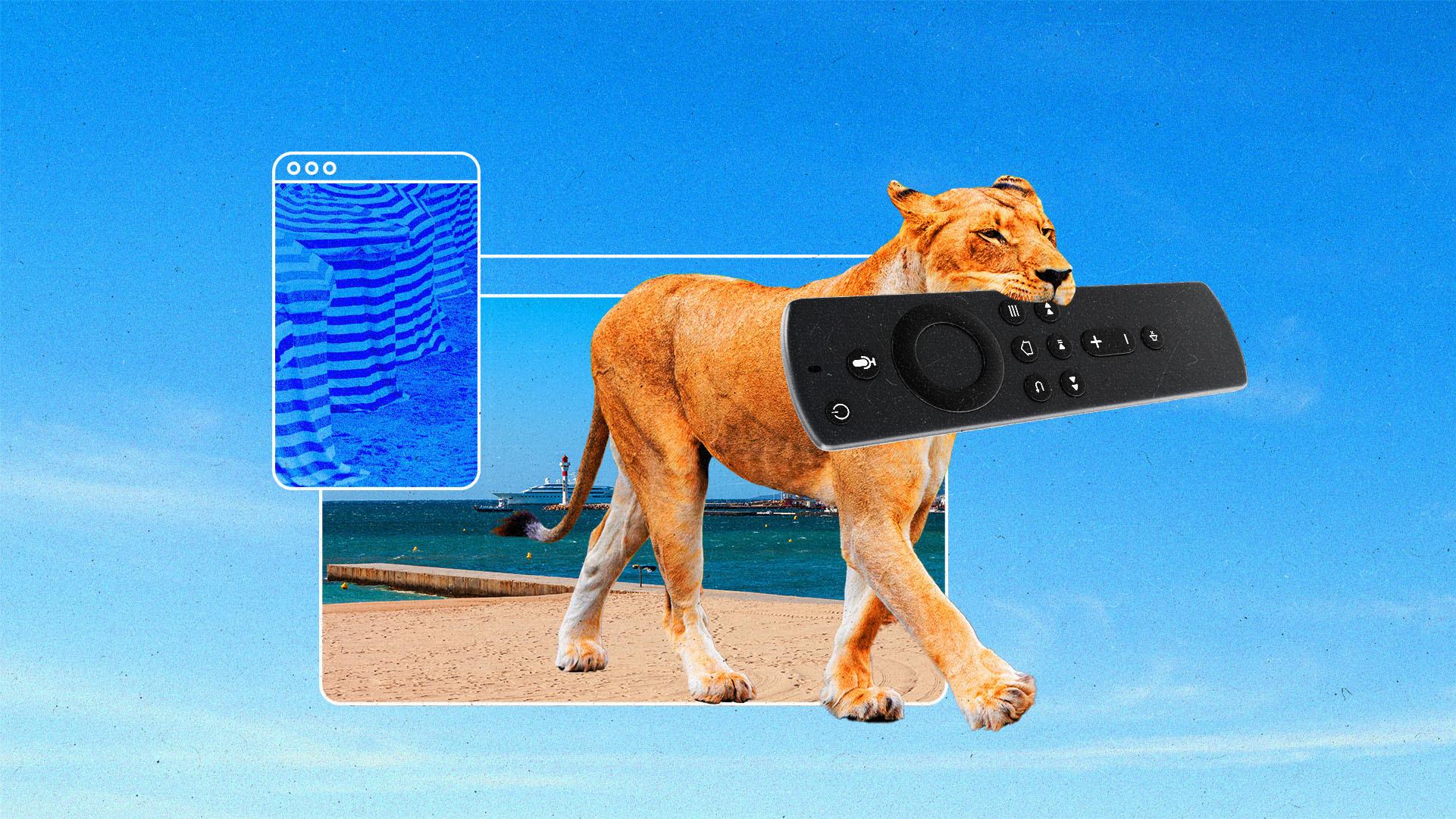 Collage of a lioness holding a large streaming remote with browser windows displaying beach and umbrella photos.