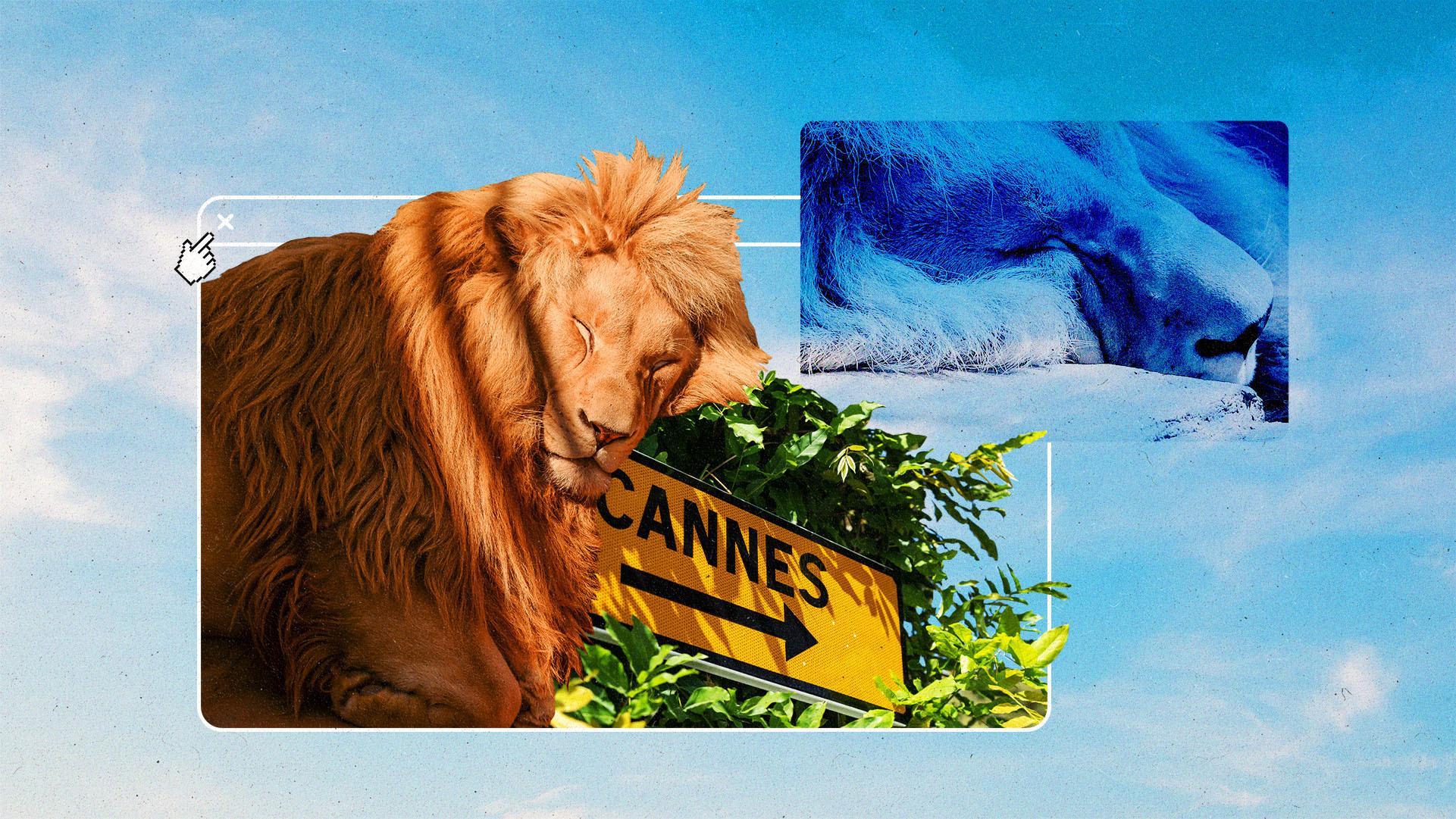 Collage of a sleeping lion on a Cannes street sign, inside a browser window.