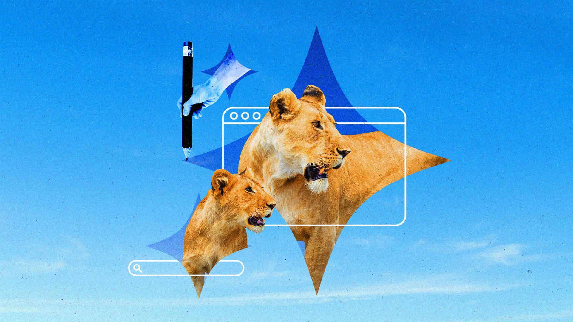 Two lions emerging from AI sparkles, surrounded by browser and search UI and a human hand holding a large pencil.