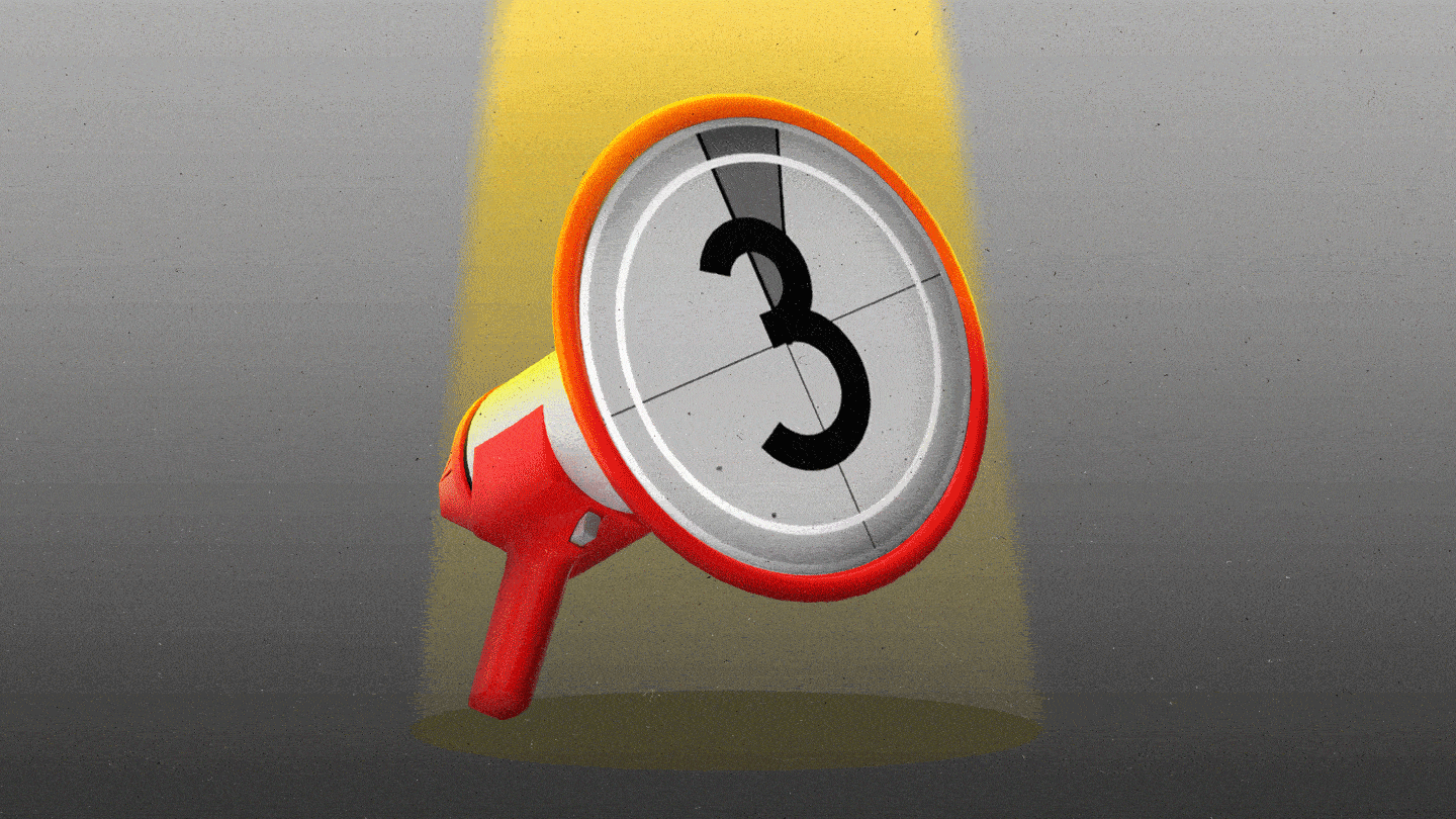 Red megaphone flashes a countdown from 3 under a spotlight.
