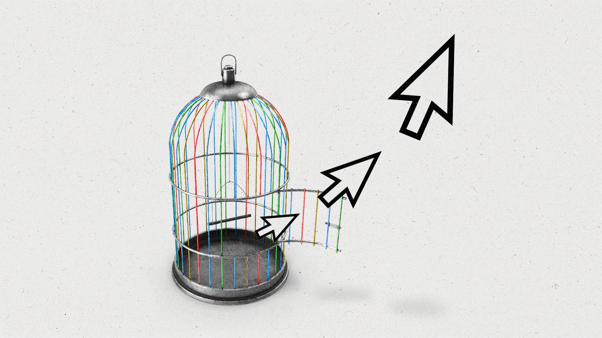 Three cursors flying out of an open birdcage, with bars colored in red, blue, green and yellow