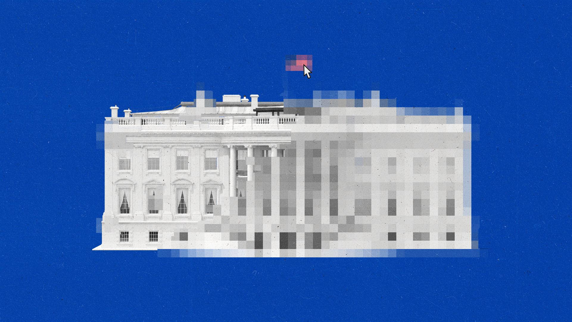 A clear image of the white house with one half pixelated.