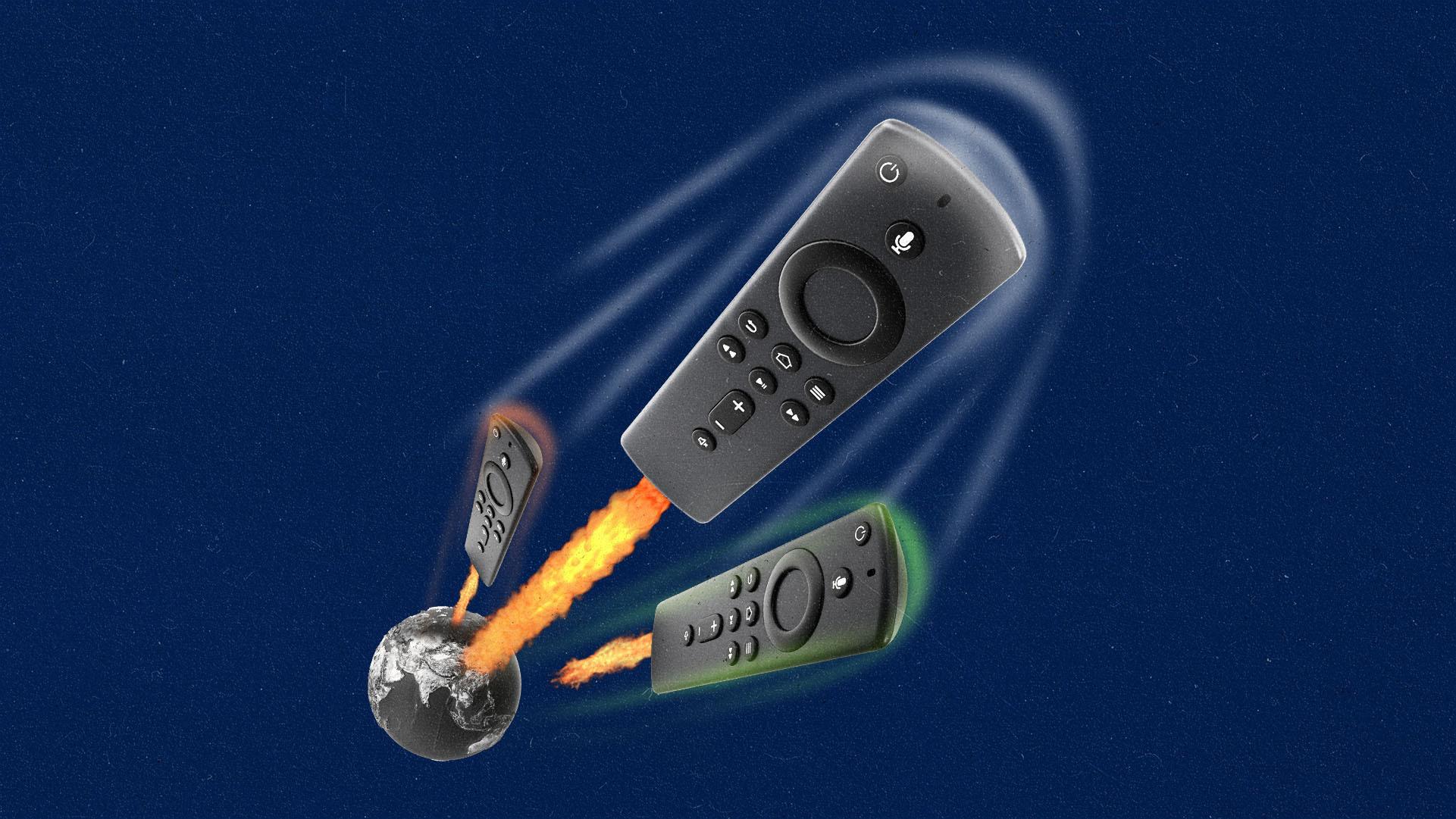 Three streaming remotes firing into space like rockets, leaving the earth behind.