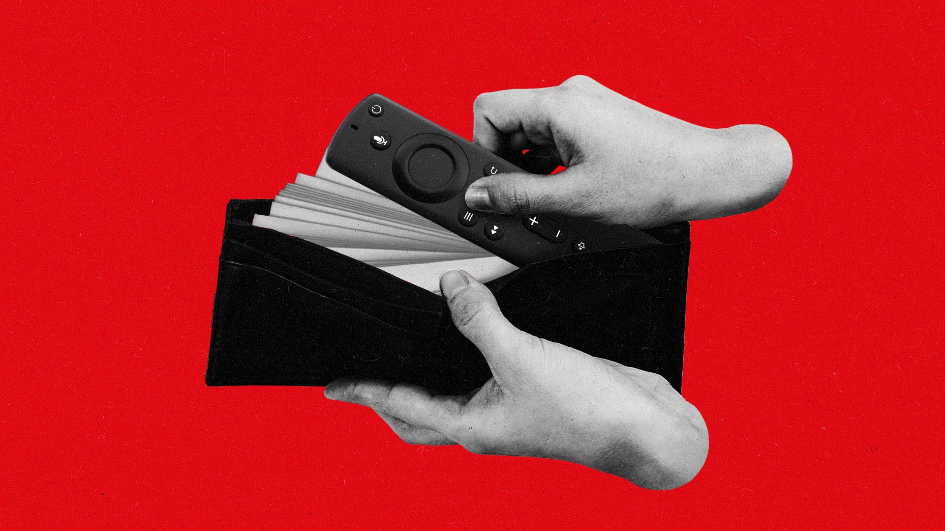 A hand reaching into a full wallet to pull out a streaming remote.