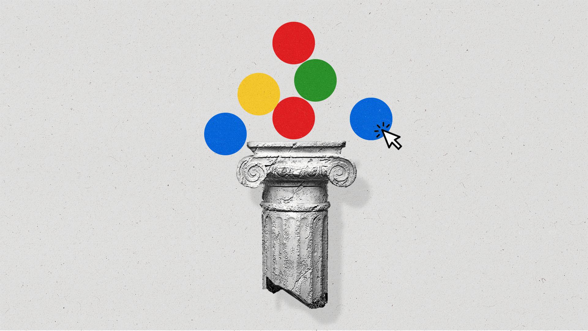 An old and broken column has multicolor circles hovering above it with a mouse cursor nearby.