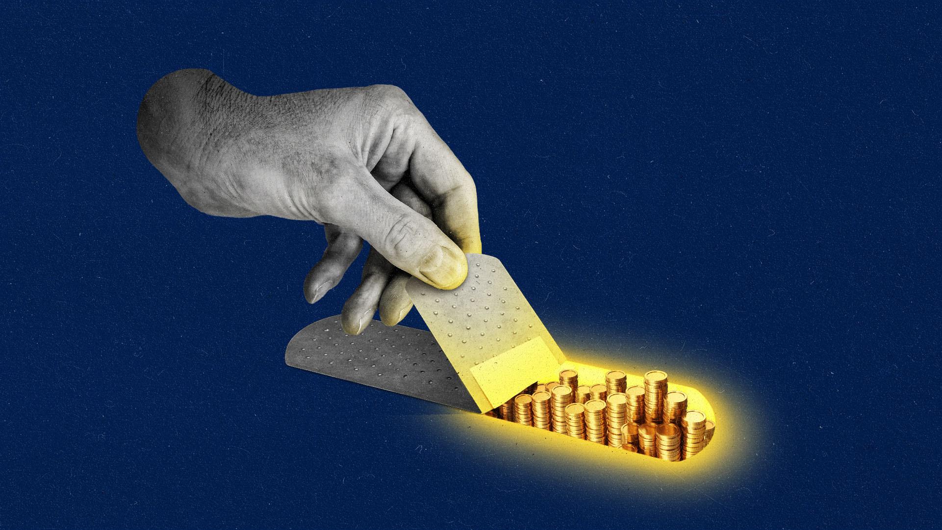 A hand rips off a bandaid to reveal gold coins beneath it.