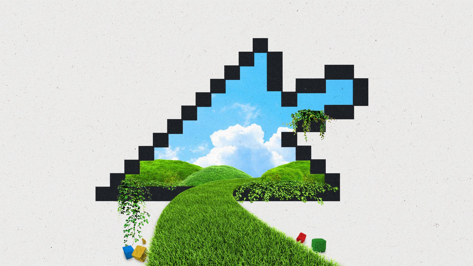 A pixellated cursor with a grassy blue sky landscape within it, with a grassy road leading into the landscape.