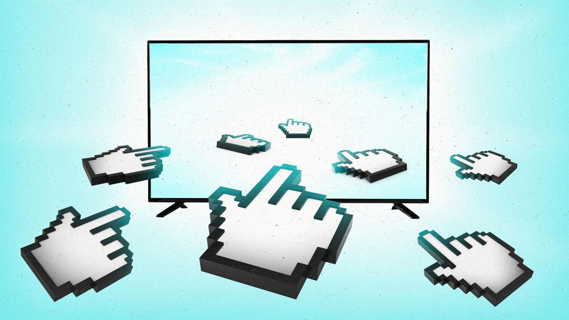 Pointing hand cursors flying towards a glowing electric blue TV screen.