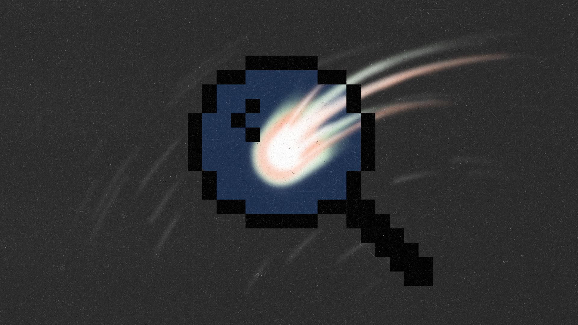 A comet with orange, white and green light emitting from it, magnified by a pixellated magnifying glass.