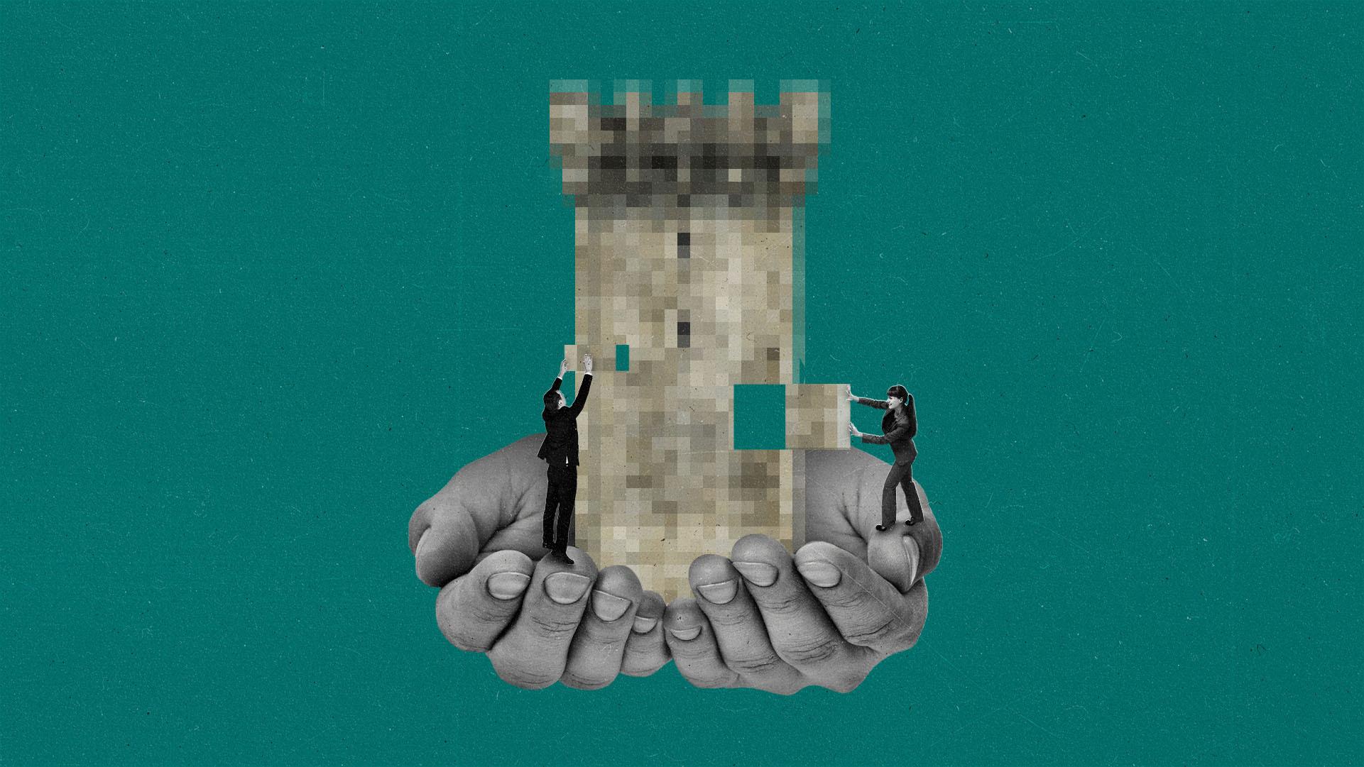 two business people placing blocks into a pixelated tower, held by two cupped hands.