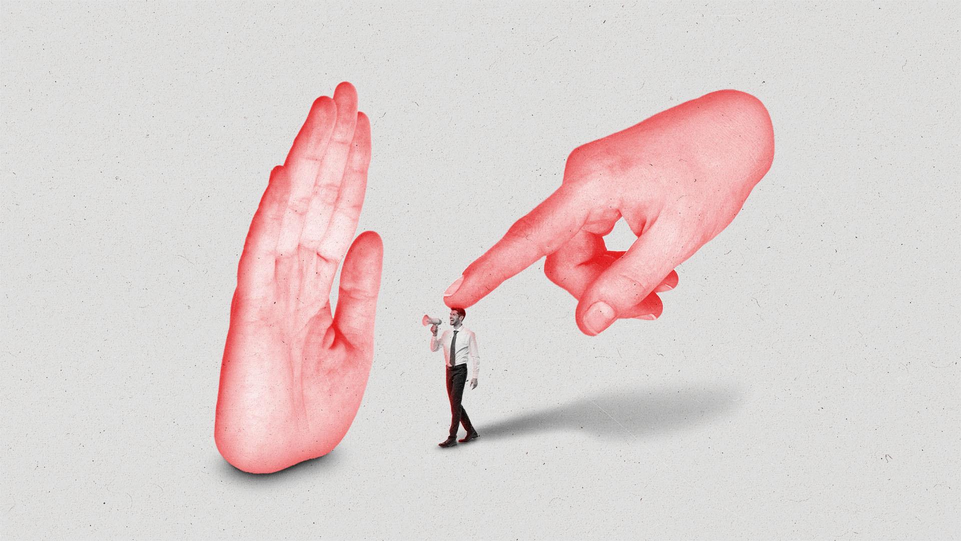 A person holding a megaphone being stopped by a hand held up and another hand holding their head with one finger.