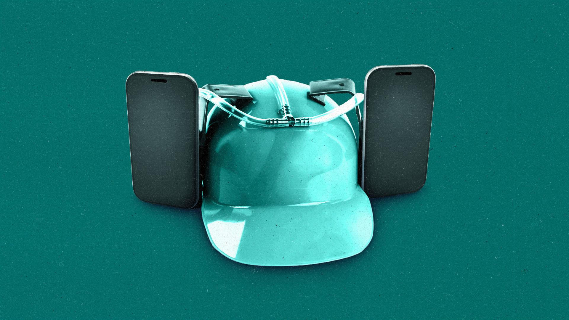 A soda-drinking hat with two smartphones replacing the drink cans.