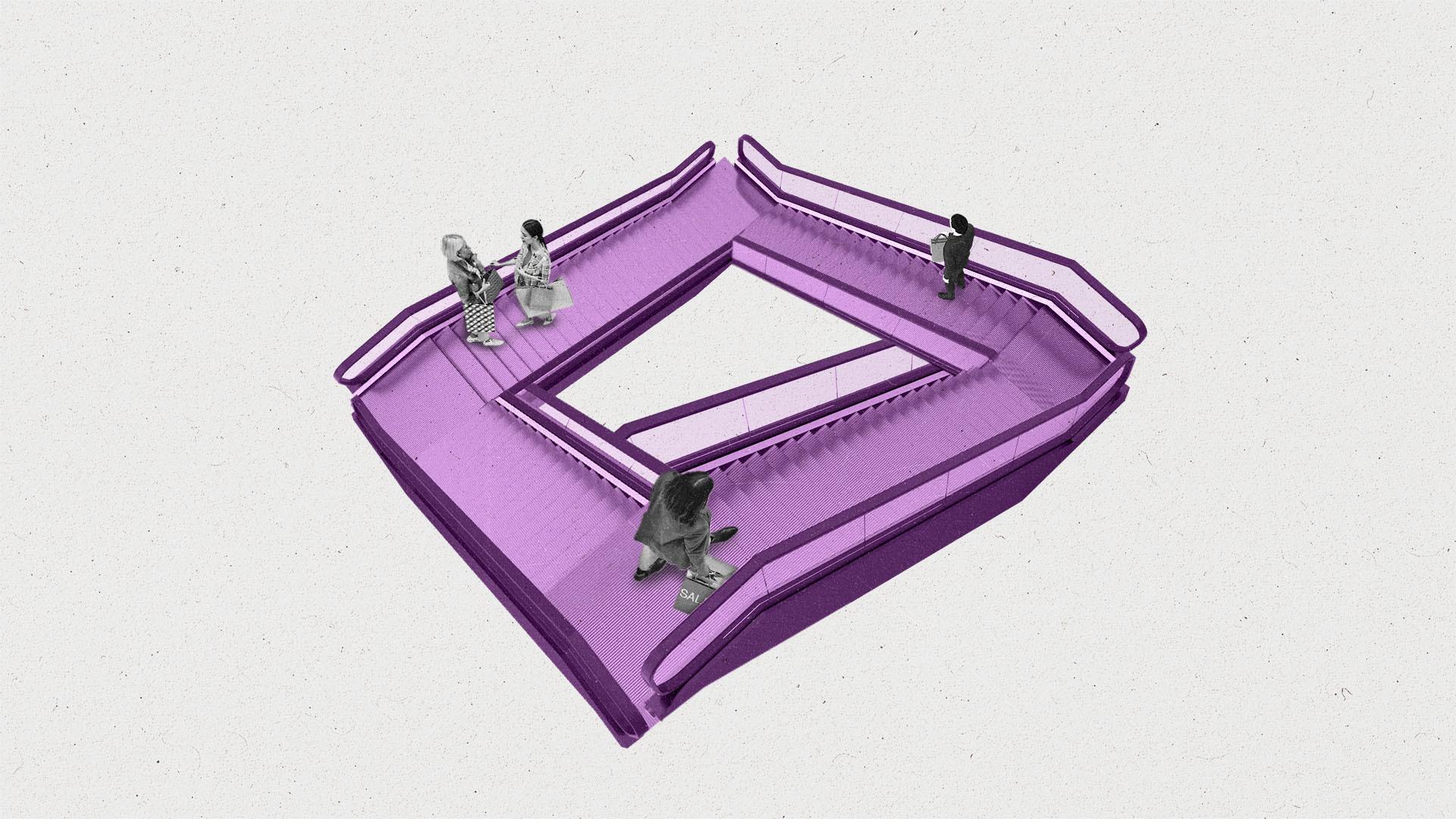 An M C Escher type optical illusion with escalators leading into one another. Several shoppers ride the escalators.