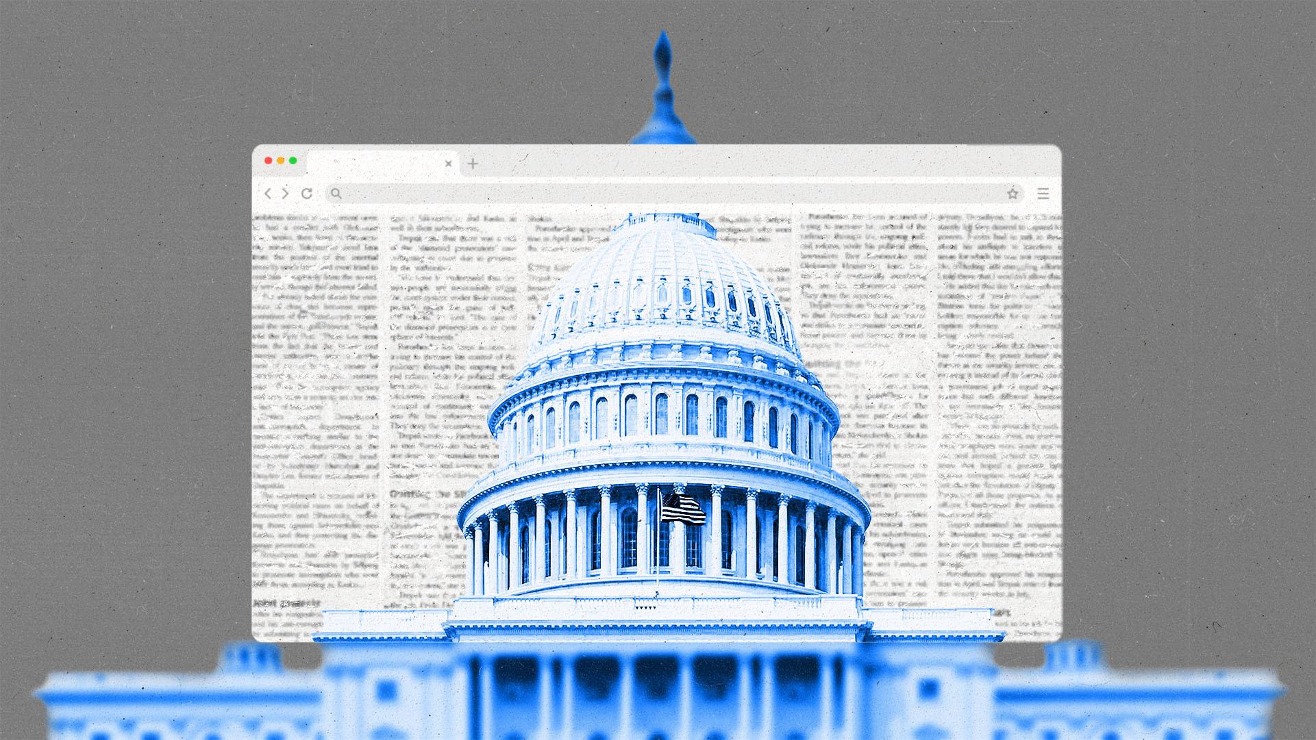 The U.S. capitol building seen with a web browser window in front of it. The building is blurry outside the window and clear inside.