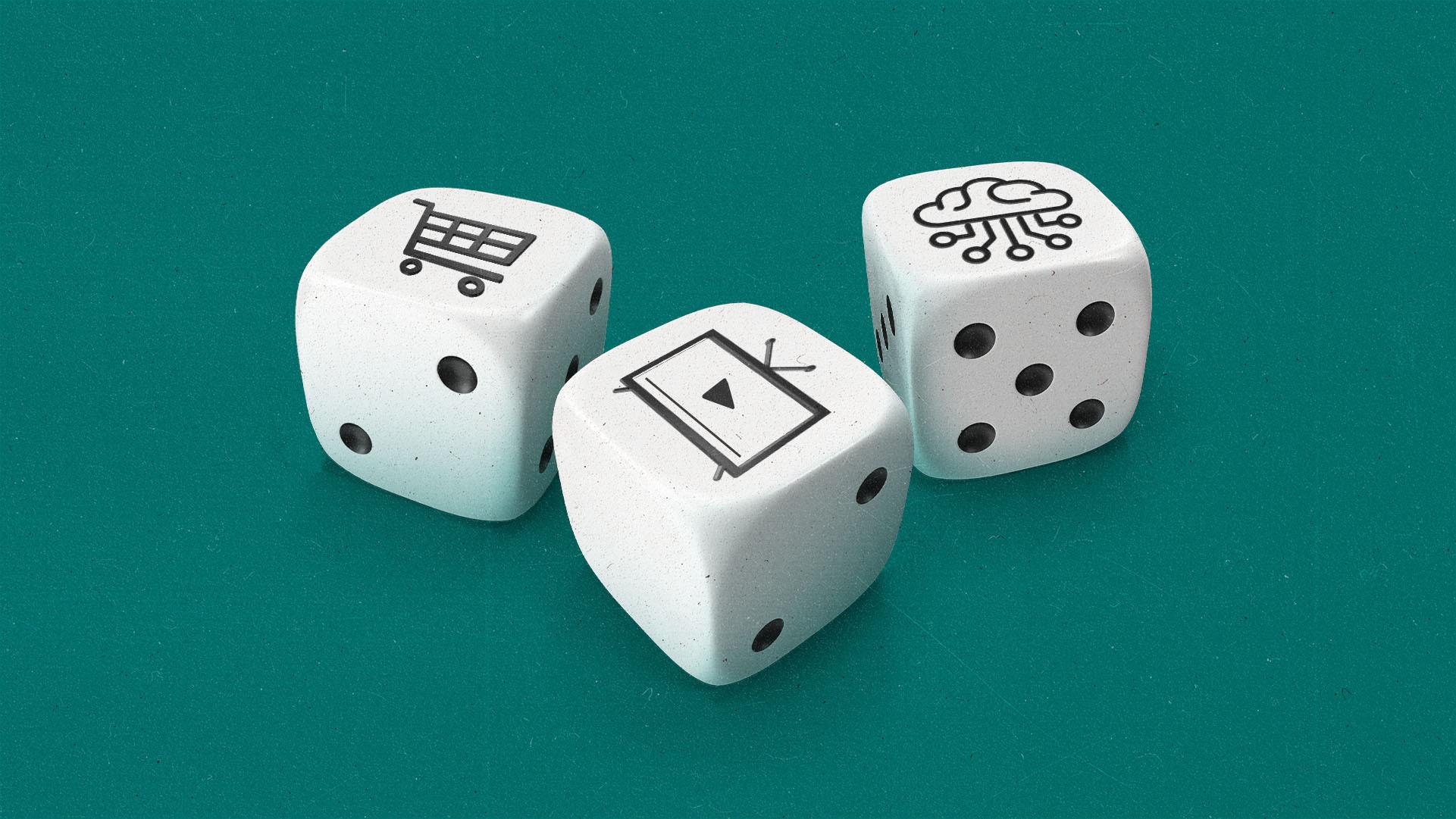 Three dice showing a tv, shopping cart, and AI symbol on the top sides, and the year 2025 on the front-facing sides.