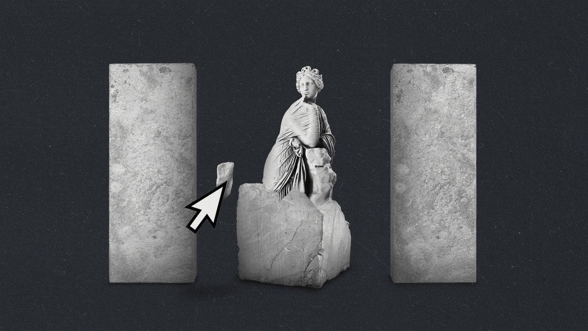Two blocks of solid marble with one partially carved statue of a woman between them. A cursor clicks and drags marble away from the center sculpture.