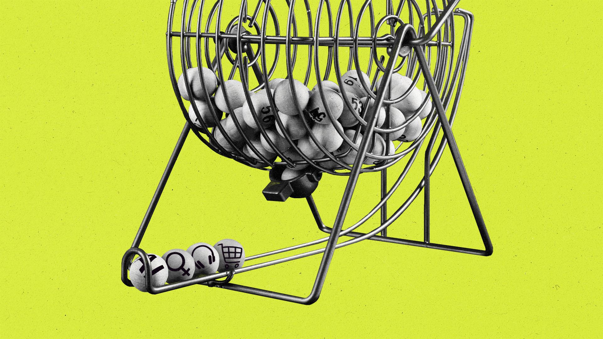 Bingo cage with four bingo balls rolled out, showing headphones, shopping cart, AI, and female symbol.