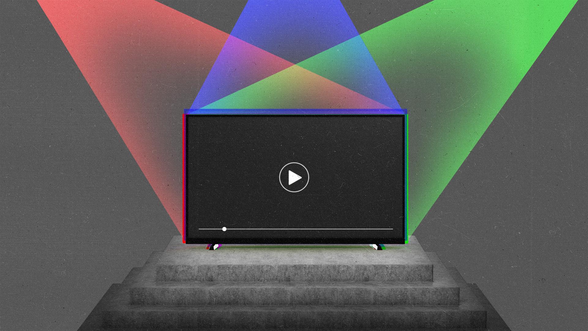 A red, blue, and green light shine on a connected TV on a pedestal.