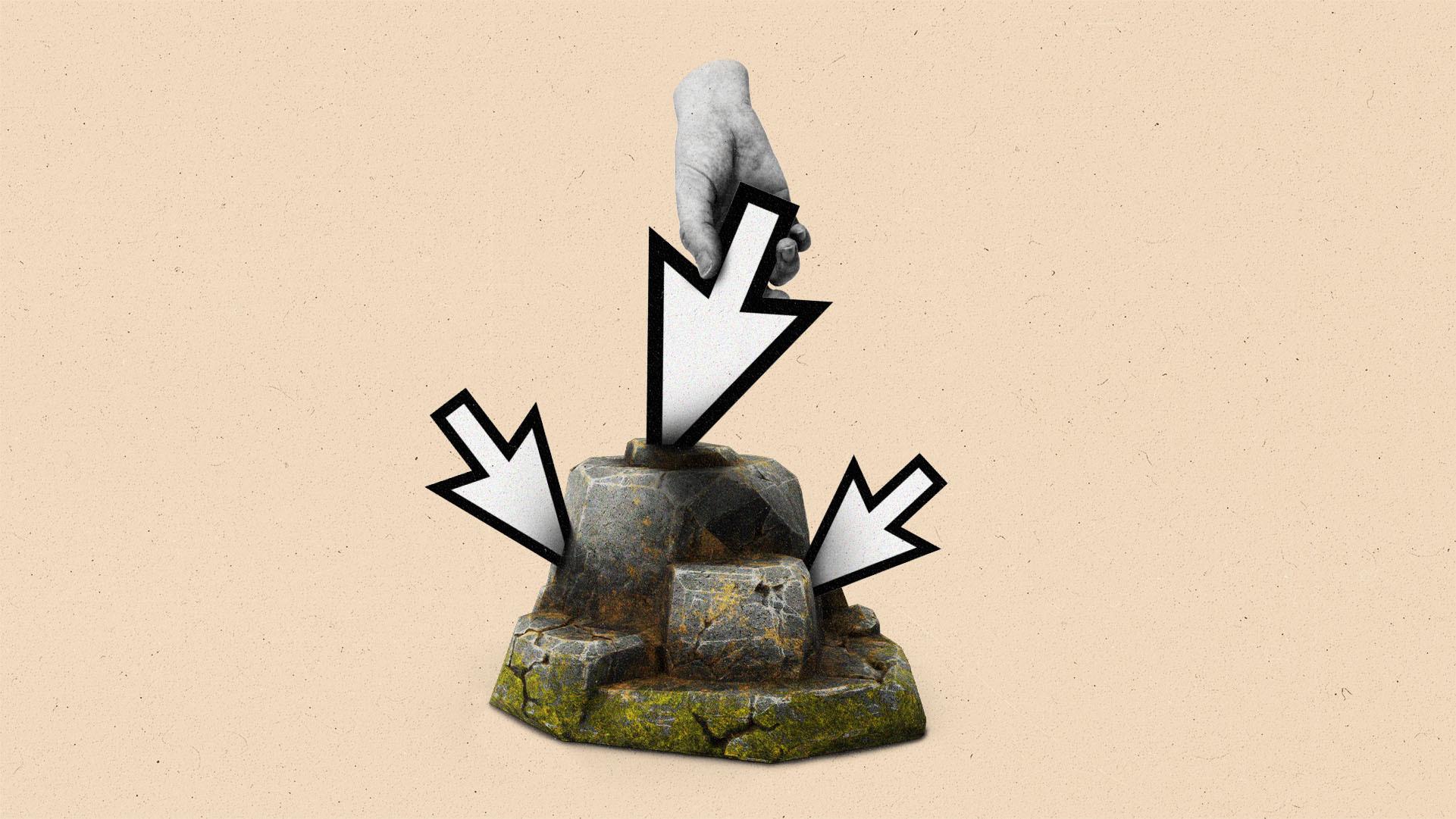 Three cursors embedded in a stone, with a hand reaching down to pull one out by the handle.