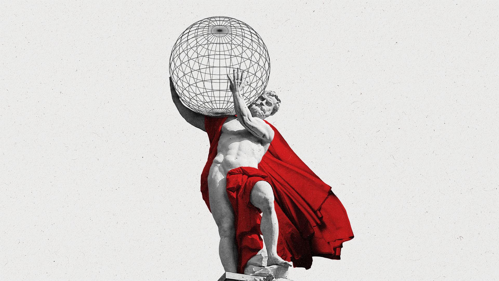 A statue of Atlas holds a wireframe globe and wears a red cape.