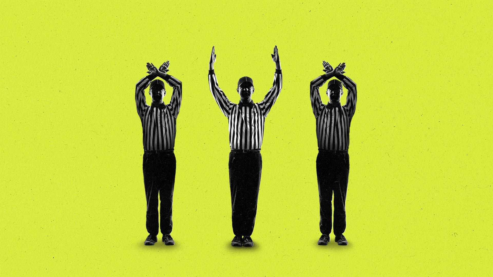 Three American football referees in a row, signaling time out, touchdown, and time out, respectively.