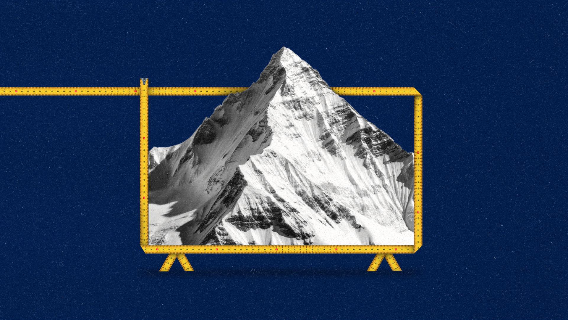 Measuring tape in the shape of a TV with a mountain emerging from inside of it